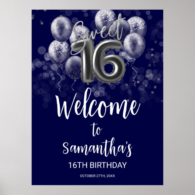 Silver Foil Sweet 16 Balloons Blue Welcome Sign Poster (Framsidan)