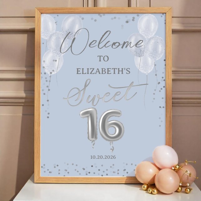 Silver Foil Sweet 16 Balloons Blue Welcome Sign Poster (Skapare uppladdad)