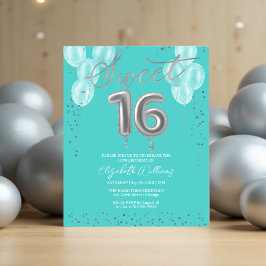 Silver Foil Sweet 16 Balloons budgetinbjudningar