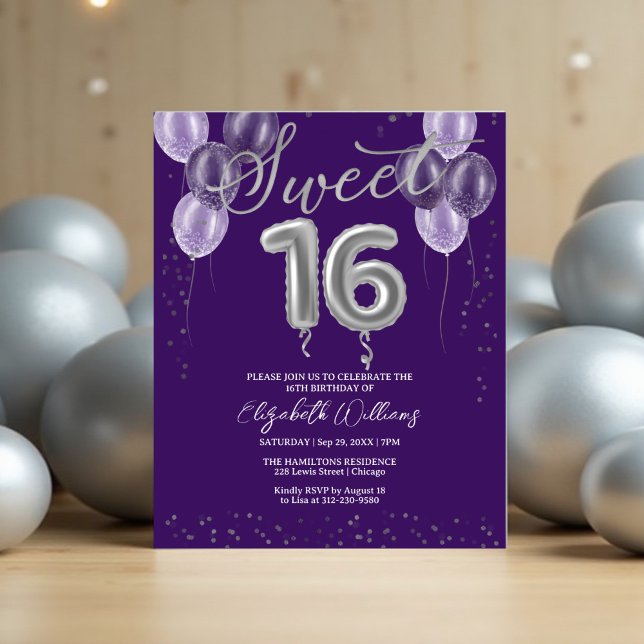 Silver Foil Sweet 16 Balloons budgetinbjudningar (Skapare uppladdad)