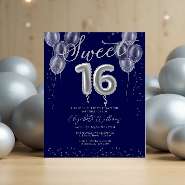 Silver Foil Sweet 16 Balloons budgetinbjudningar (Skapare uppladdad)