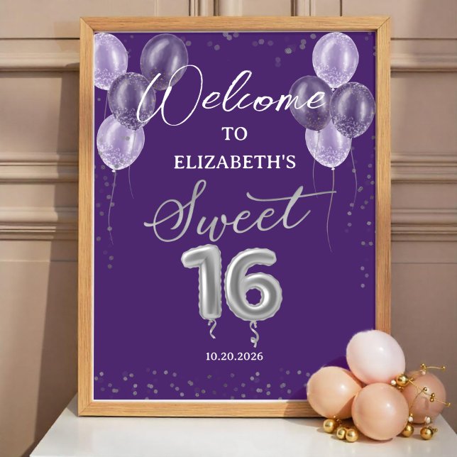 Silver Foil Sweet 16 Balloons Lila Welcome Sign Poster (Skapare uppladdad)