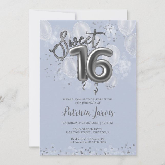 Silver Foil Sweet 16 Balloons Party Dusty Blue Inbjudningar (Framsida)