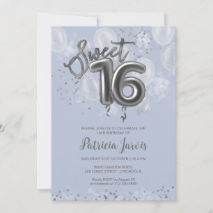 Silver Foil Sweet 16 Balloons Party Dusty Blue Inbjudningar