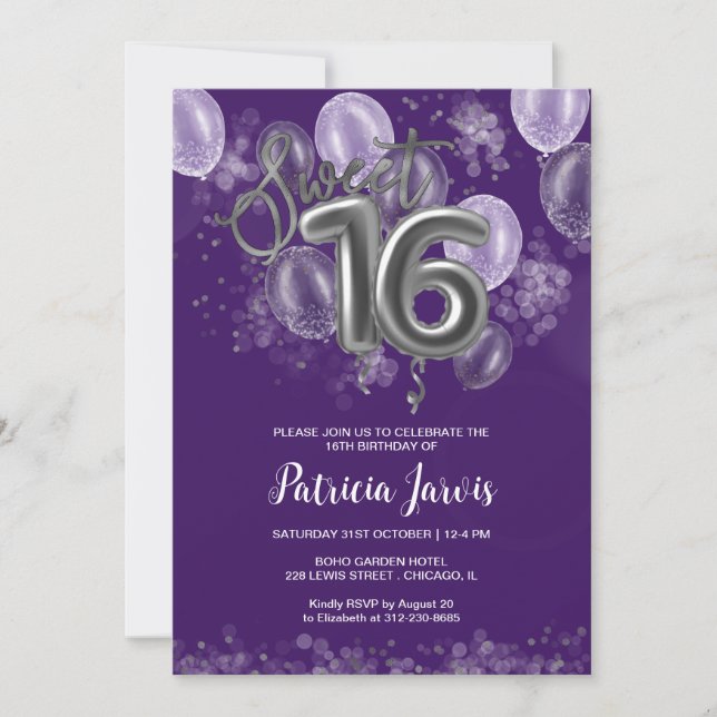 Silver Foil Sweet 16 Balloons Party Lila Inbjudningar (Framsida)