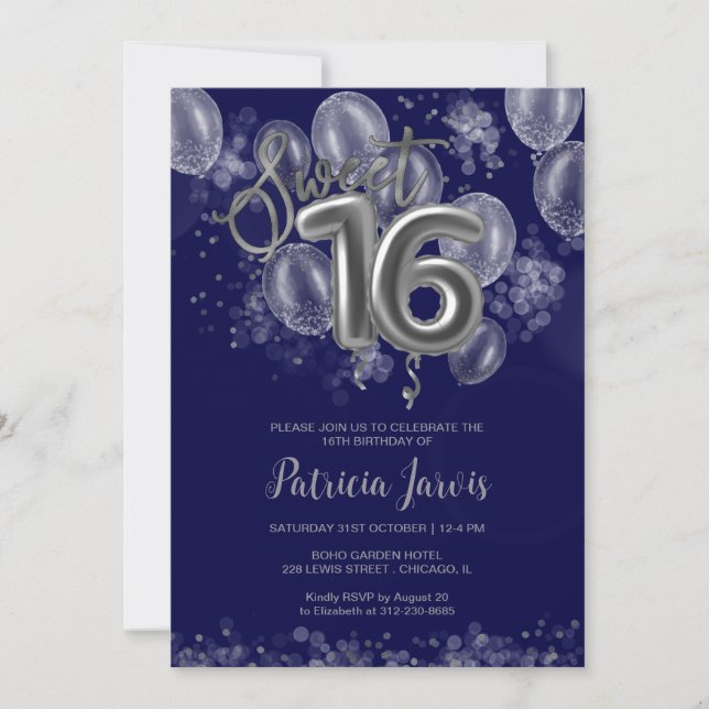 Silver Foil Sweet 16 Balloons Party Royal Blue Inbjudningar (Framsida)