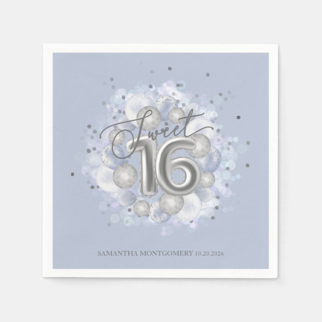 Silver Foil Sweet 16 Bday Balloons Dusty Blue Pappersservett (Framsidan)