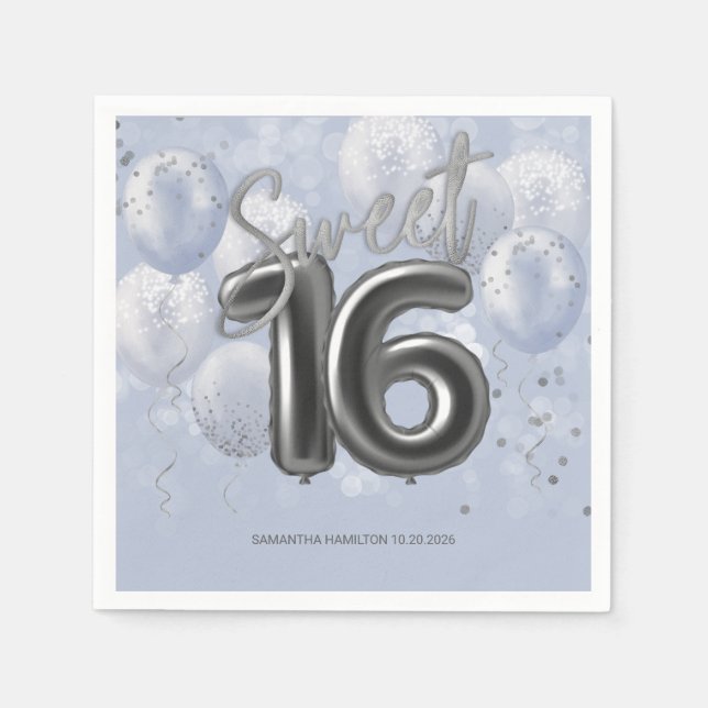 Silver Foil Sweet 16 Bday Balloons Dusty Blue Pappersservett (Framsidan)