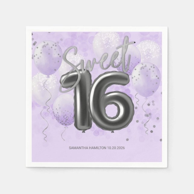 Silver Foil Sweet 16 Bday Balloons Lavender Napki Pappersservett (Framsidan)