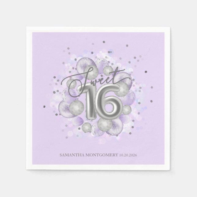 Silver Foil Sweet 16 Bday Balloons Party Lavender Pappersservett (Framsidan)