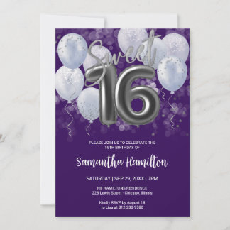 Silver Foil Sweet 16 Bday Balloons Party Lila Inbjudningar