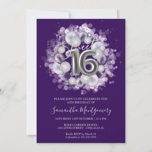 Silver Foil Sweet 16 Bday Balloons Party Lila Inbjudningar (Framsida)