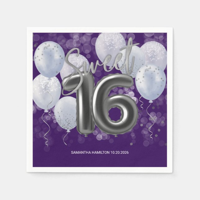 Silver Foil Sweet 16 Bday Balloons Party Lila Pappersservett (Framsidan)