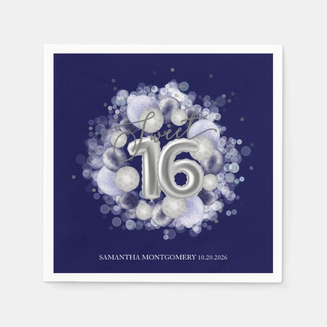 Silver Foil Sweet 16 Bday Balloons Royal Blue Pappersservett (Framsidan)