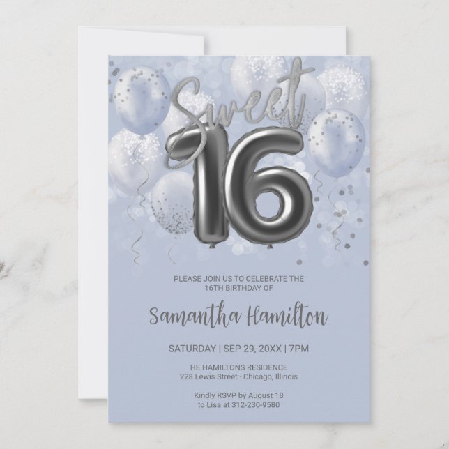 Silver Foil Sweet 16 Birthday Balloons Dusty Blue Inbjudningar (Framsida)