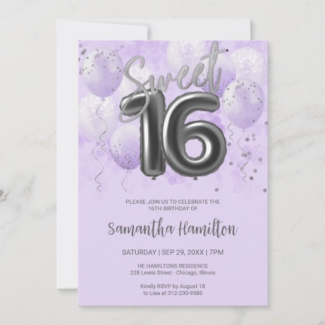 Silver Foil Sweet 16 Birthday Balloons Lavender Inbjudningar (Framsida)