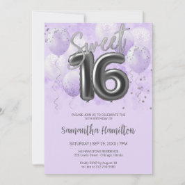 Silver Foil Sweet 16 Birthday Balloons Lavender Inbjudningar
