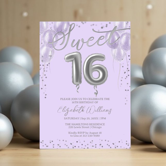 Silver Foil Sweet 16 Birthday Balloons Lavender Inbjudningar (Skapare uppladdad)