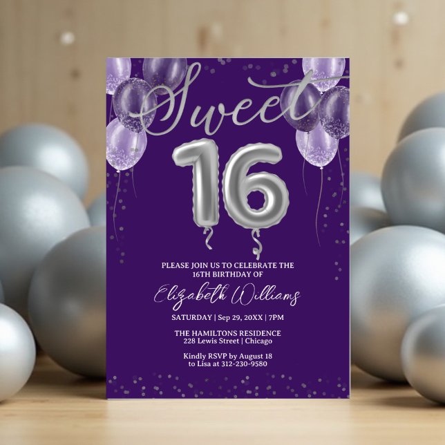 Silver Foil Sweet 16 Birthday Balloons Lila Inbjudningar (Skapare uppladdad)