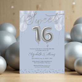 Silver Foil Sweet 16 Birthday Balloons Party Blue Inbjudningar