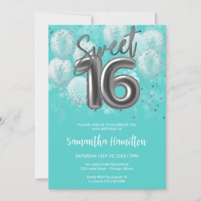 Silver Foil Sweet 16 Birthday Balloons Party Teal Inbjudningar (Framsida)