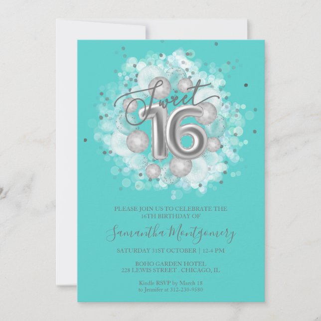Silver Foil Sweet 16 Birthday Balloons Party Teal Inbjudningar (Framsida)