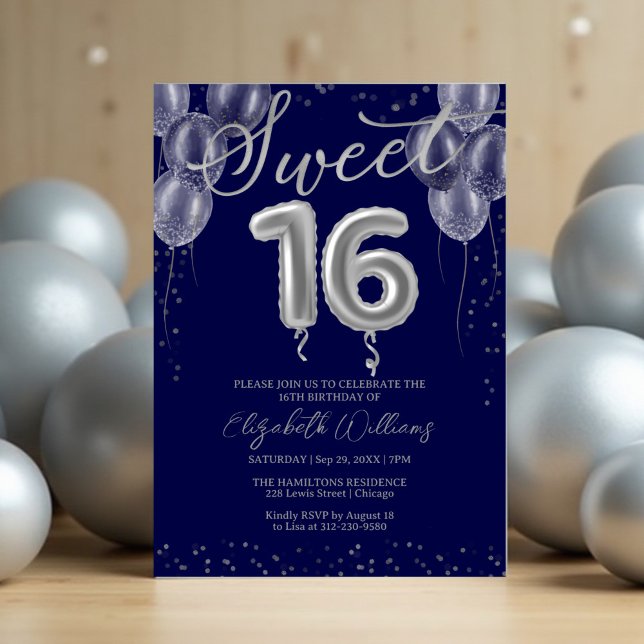 Silver Foil Sweet 16 Birthday Balloons Royal Blue Inbjudningar (Skapare uppladdad)