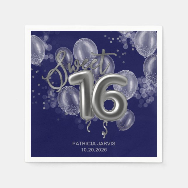 Silver Foil Sweet 16 Birthday Balloons Royal Blue Pappersservett (Framsidan)