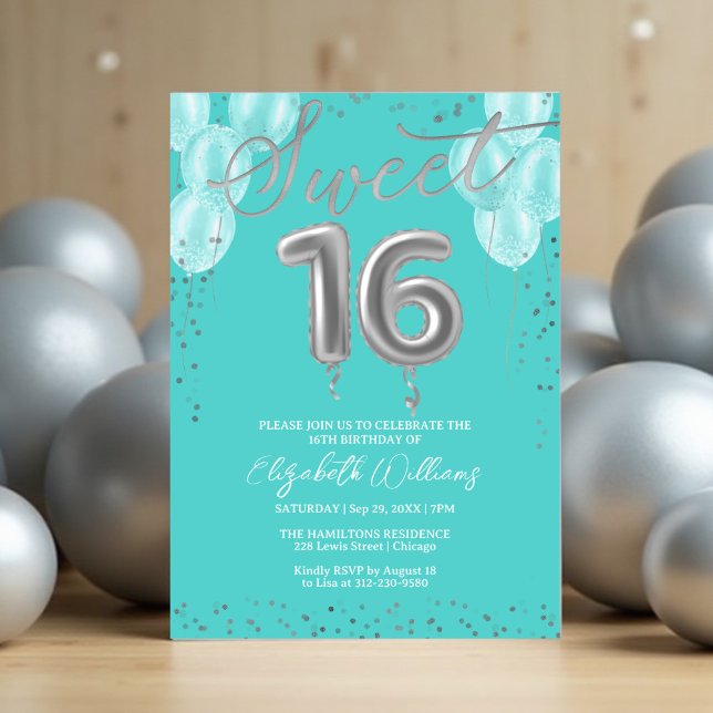 Silver Foil Sweet 16 Birthday Balloons Royal Teal Inbjudningar (Skapare uppladdad)