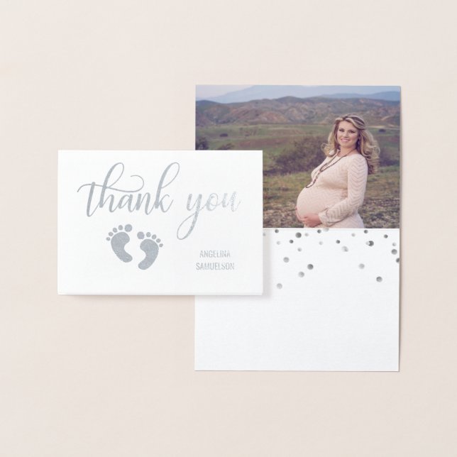 Silver FOIL TACK Baby Shower | PHOTO Folierat Kort (Display)
