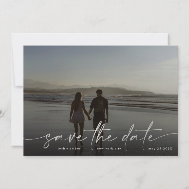 Silver Foil White Grått Modern Photo Ultimate Spara Datumet (Framsida)