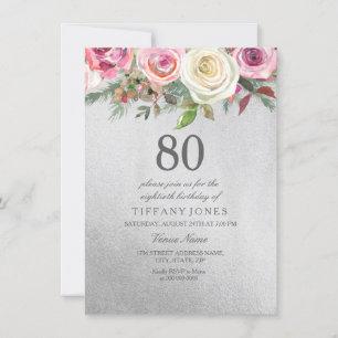 Silver Foil White Rosa ros 80:e födelsedagen Inbju Inbjudningar