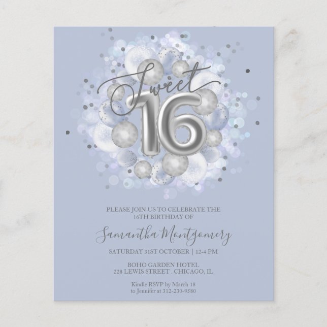 Silver Folie Sweet 16 Ballonger Budget Inbjudan (Framsida)