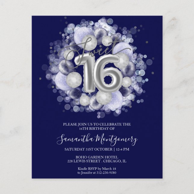 Silver Folie Sweet 16 Ballonger Budget Inbjudan (Framsida)