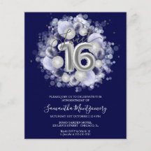 Silver Folie Sweet 16 Ballonger Budget Inbjudan