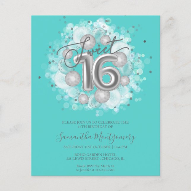 Silver Folie Sweet 16 Ballonger Budget Inbjudan (Framsida)