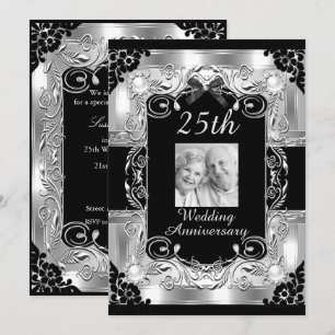 Silver Foto Blommig 25-års bröllopsdag Inbjudningar