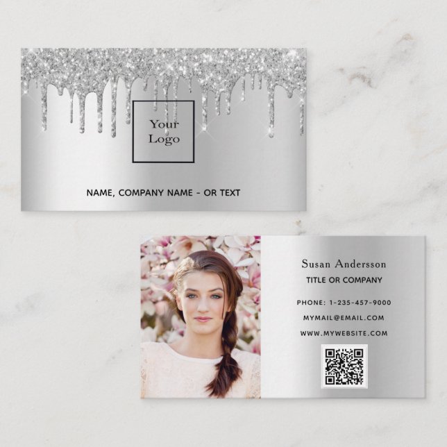 Silver-fotot QR-kod glitter droppar hondjur Visitkort (Fram/baksida)