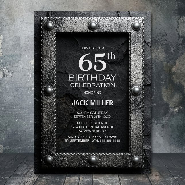 Silver Frame Black Slate 65th Birthday Party Inbjudningar (Skapare uppladdad)