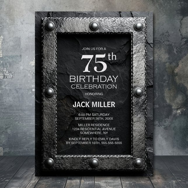 Silver Frame Black Slate 75th Birthday Party Inbjudningar (Skapare uppladdad)
