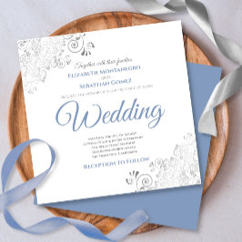 Silver Frills Elegant Blue & White Square Bröllop Inbjudningar