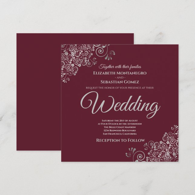 Silver Frills Elegant Burgundy Square Bröllop Inbjudningar (Fram/baksida)