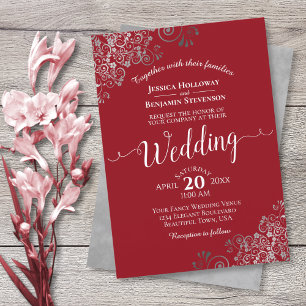 Silver Frills Elegant Calligraphy Red Bröllop Inbjudningar