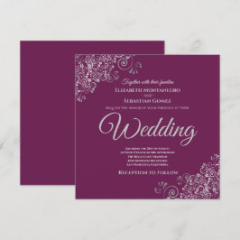 Silver Frills Elegant Cassis Lila Square Bröllop Inbjudningar