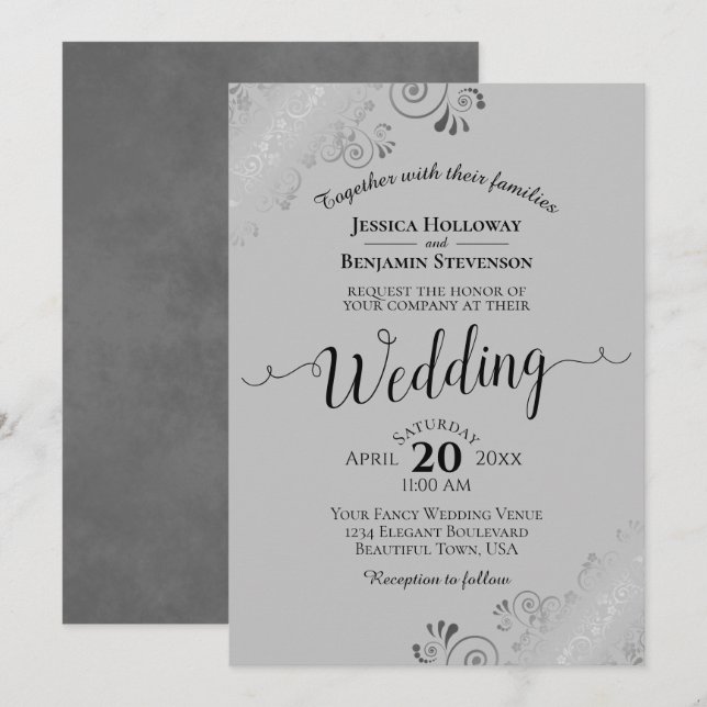 Silver Frills Elegant Grått Bröllop Inbjudningar (Fram/baksida)