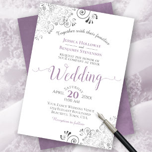 Silver Frills Elegant Lavender om Vita Bröllop Inbjudningar