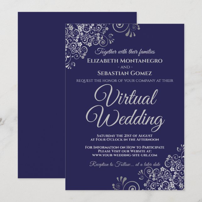 Silver Frills Elegant Navy Blue Virtuellare Bröllo Inbjudningar (Fram/baksida)