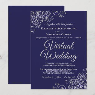 Silver Frills Elegant Navy Blue Virtuellare Bröllo Inbjudningar