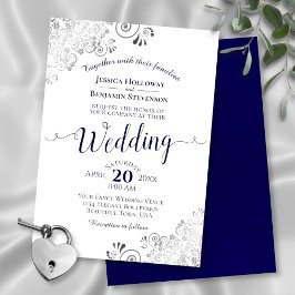 Silver Frills Elegant Navy Blue & White Bröllop Inbjudningar