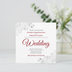 Silver Frills Elegant Red & White Square Bröllop Inbjudningar